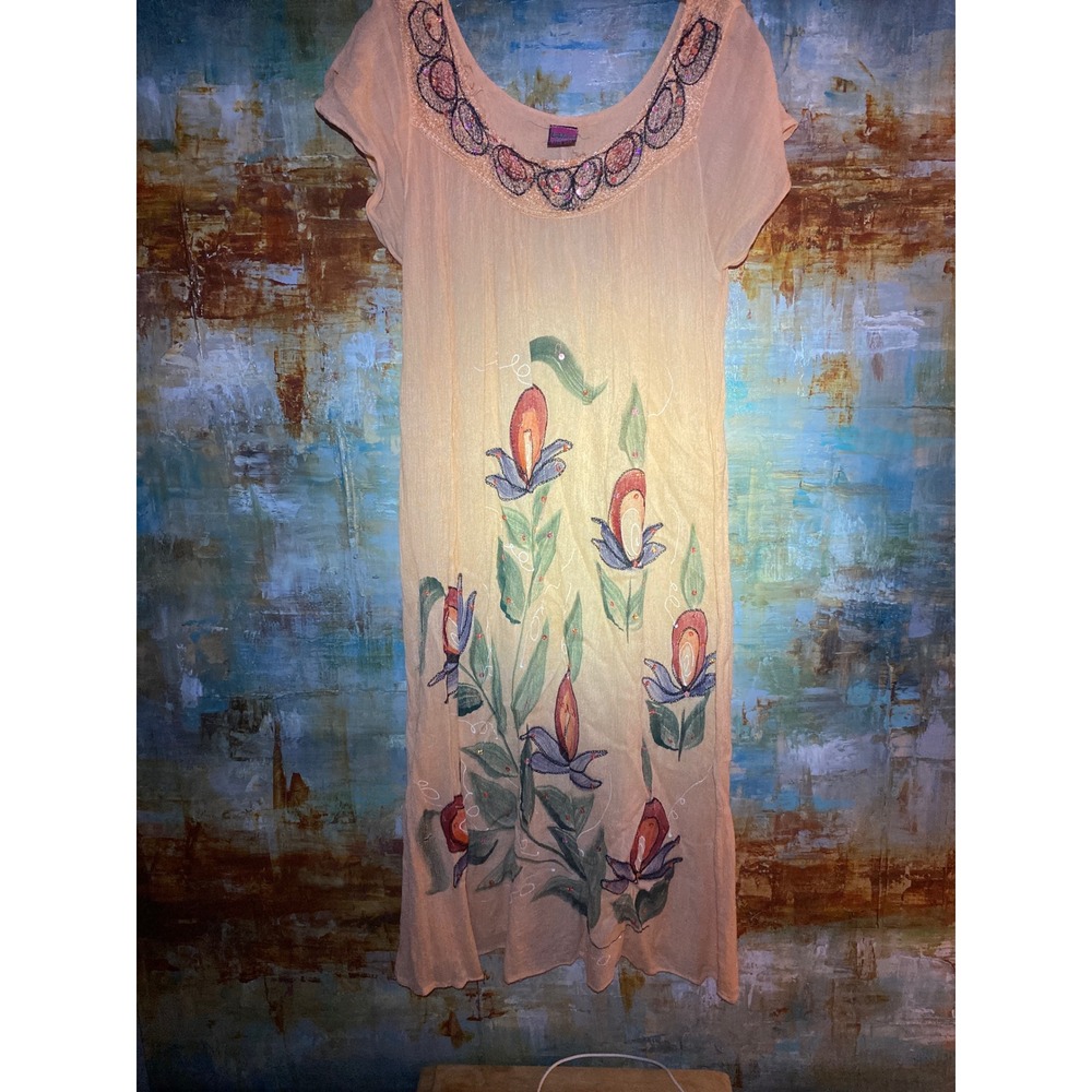 California Woman Peach Gauze Hand Painted Floral Sequin Embellished Midi DressOS